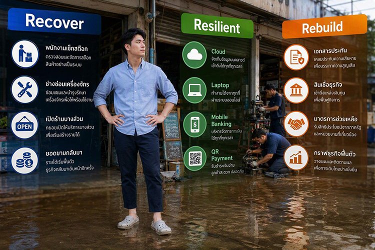 น้ำท่วมอาจหยุดสถานประกอบการ แต่ไม่ควรหยุดธุรกิจ finbiz by ttb แนะแนวคิด 3 Re ได้แก่ Recover, Resilient และ Rebuild เพื่อฟื้นรายได้ วางระบบให้ธุรกิจเดินต่อ และเตรียมพร้อมรับมือความเสี่ยงในอนาคต | finbiz by ttb – ศูนย์รวมความรู้ธุรกิจจากพันธมิตรชั้นนำ เพื่อช่วย SME ต่อยอดธุรกิจ พร้อมทุกการเปลี่ยนแปลง เติบโตได้จริงอย่างยั่งยืน