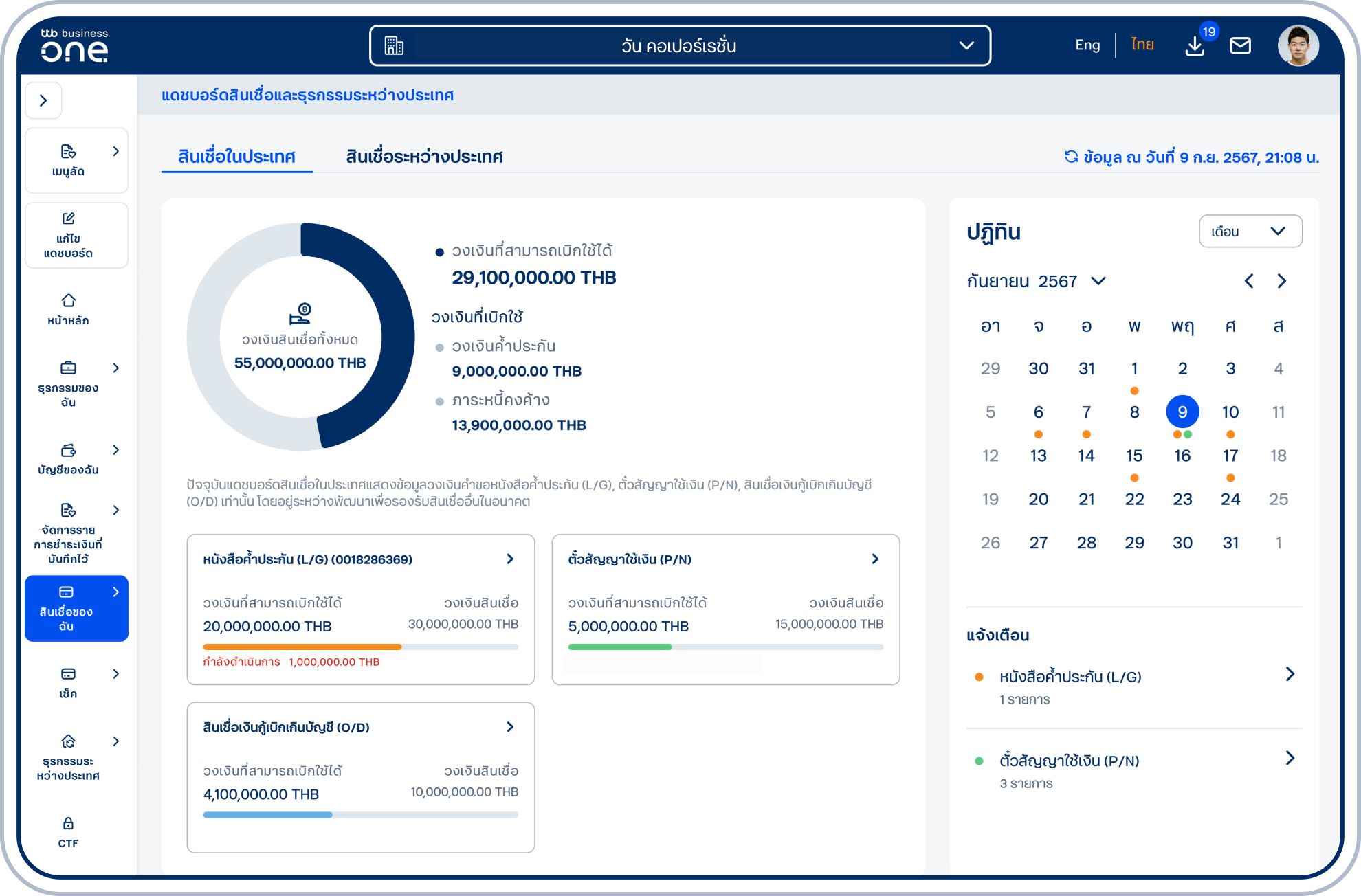 เข้าสู่หน้า แดชบอร์ดสินเชื่อและธุรกรรมระหว่างประเทศ (ปัจจุบันแสดงเพียงข้อมูลหนังสือค้ำประกัน (L/G), ตั๋วสัญญาใช้เงิน (P/N), สินเชื่อเงินกู้เบิกเกินบัญชี (O/D) สำหรับผลิตภัณฑ์สินเชื่ออื่นๆ จะพร้อมแสดงข้อมูลบนแดชบอร์ดในอนาคต)