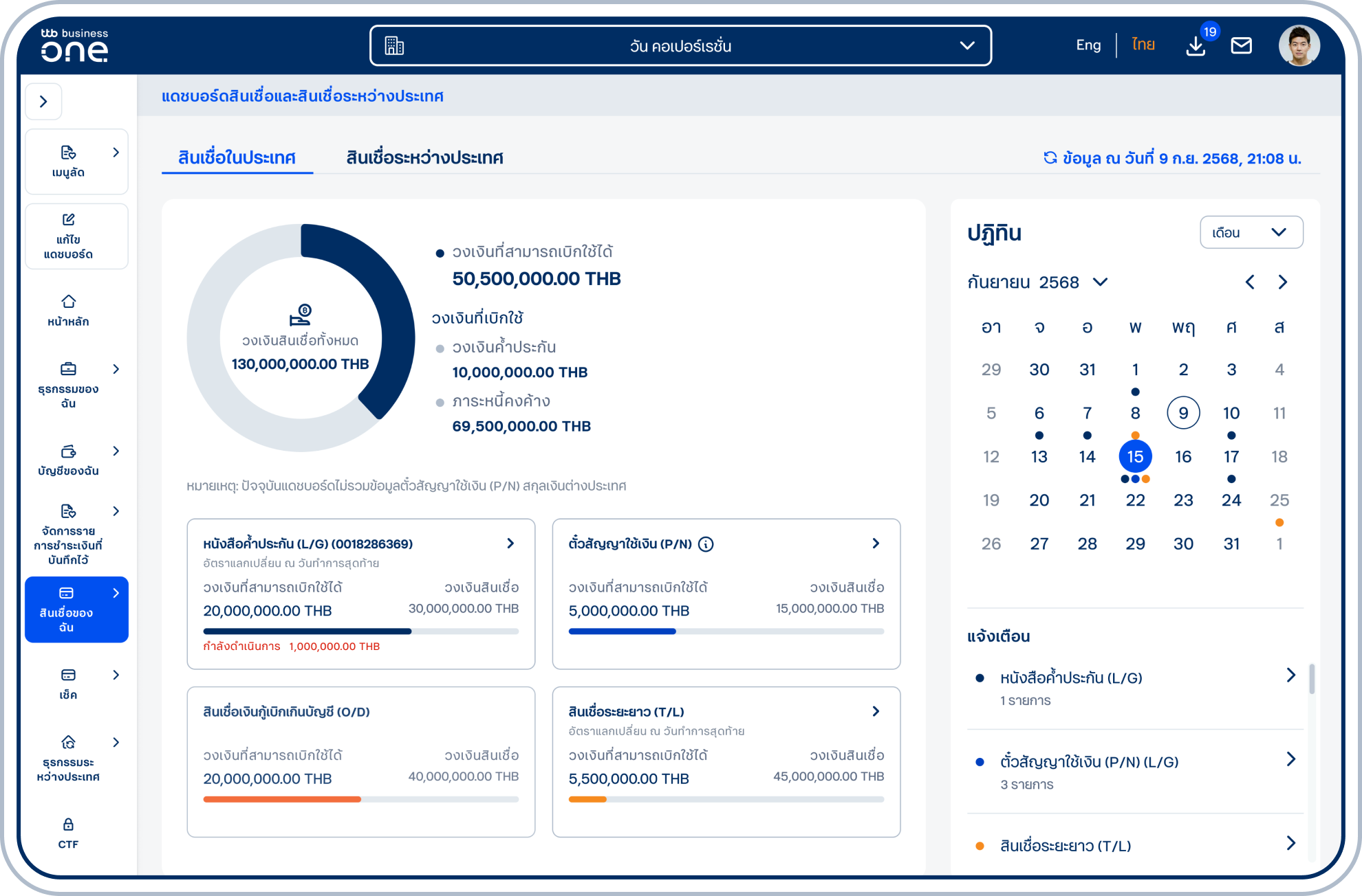 เข้าสู่หน้า แดชบอร์ดสินเชื่อและธุรกรรมระหว่างประเทศ (ปัจจุบันแสดงเพียงข้อมูลหนังสือค้ำประกัน (L/G), ตั๋วสัญญาใช้เงิน (P/N), สินเชื่อเงินกู้เบิกเกินบัญชี (O/D) สำหรับผลิตภัณฑ์สินเชื่ออื่นๆ จะพร้อมแสดงข้อมูลบนแดชบอร์ดในอนาคต)