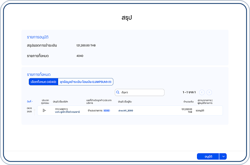 ระบบจะแสดงหน้าสรุปข้อมูลธุรกรรมในไฟล์ที่อัปโหลดให้ตรวจสอบความถูกต้อง แล้วเลือก “อนุมัติ”