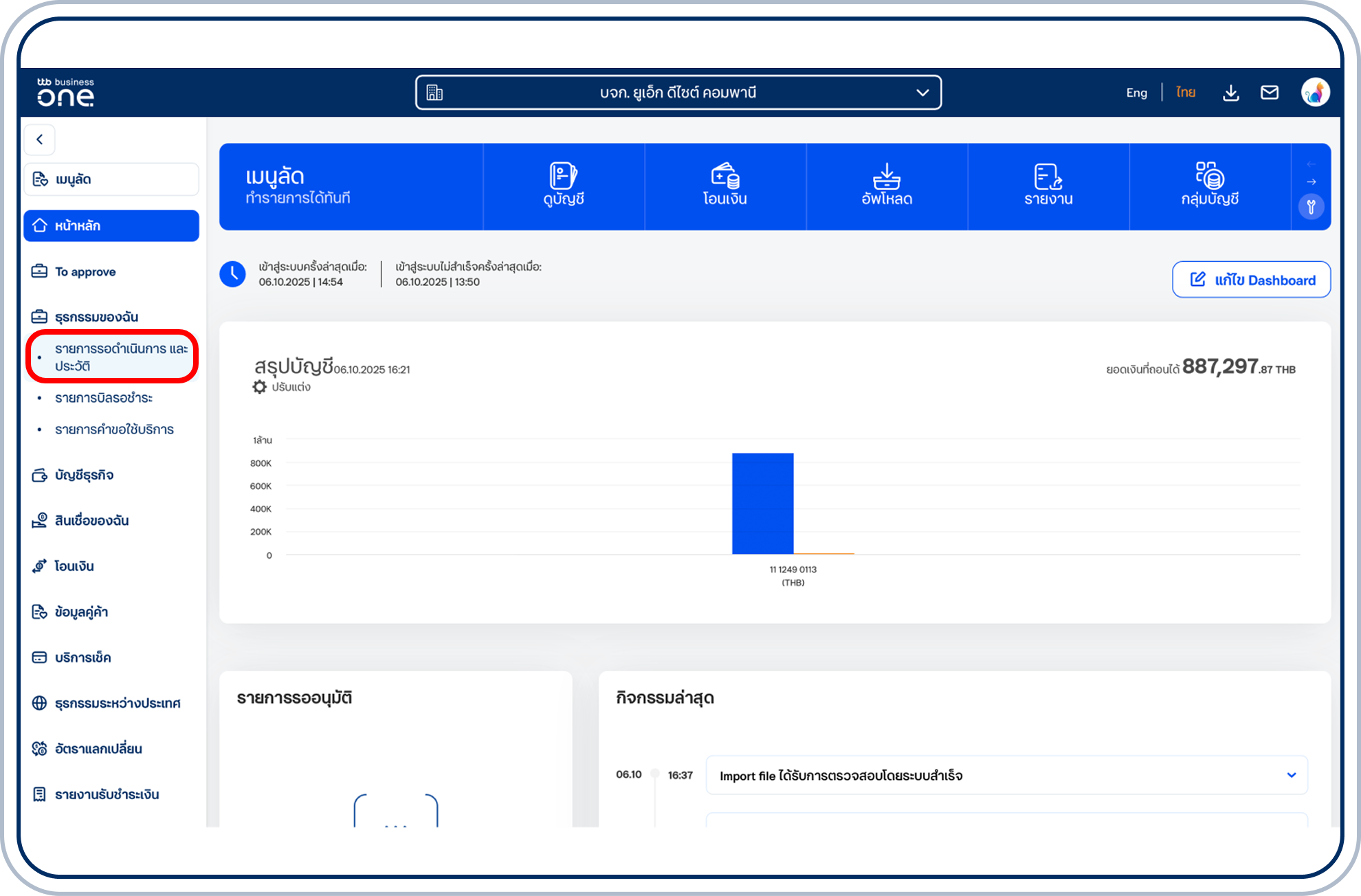 ไปที่หน้าหลัก เลือกเมนู “ธุรกรรมของฉัน” ที่แถบด้านซ้าย แล้วเลือก “รายการรอดำเนินการและประวัติ”