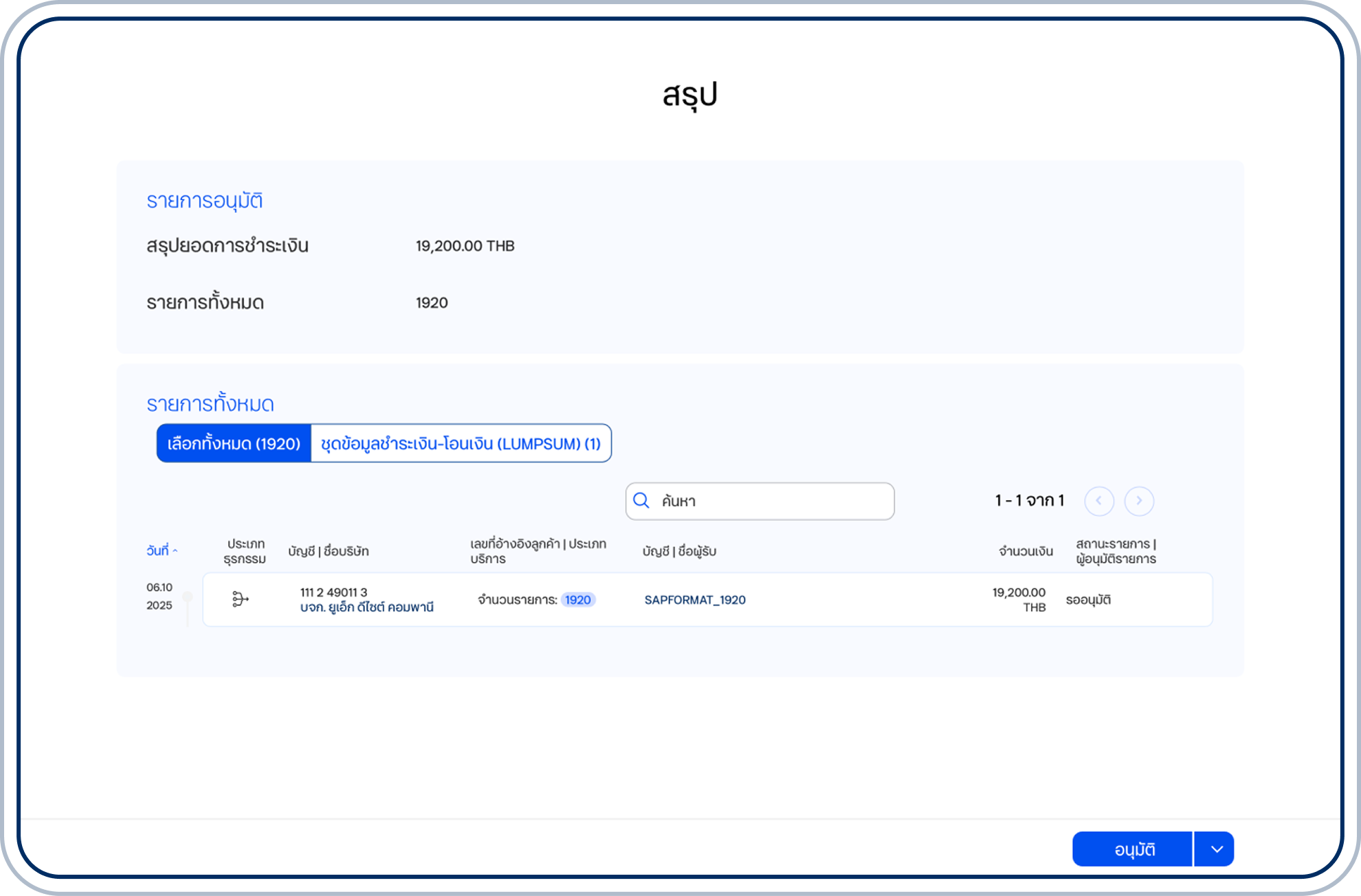 ระบบจะแสดงหน้าสรุปข้อมูลธุรกรรมในไฟล์ที่อัปโหลดให้ตรวจสอบความถูกต้อง แล้วเลือก “อนุมัติ”