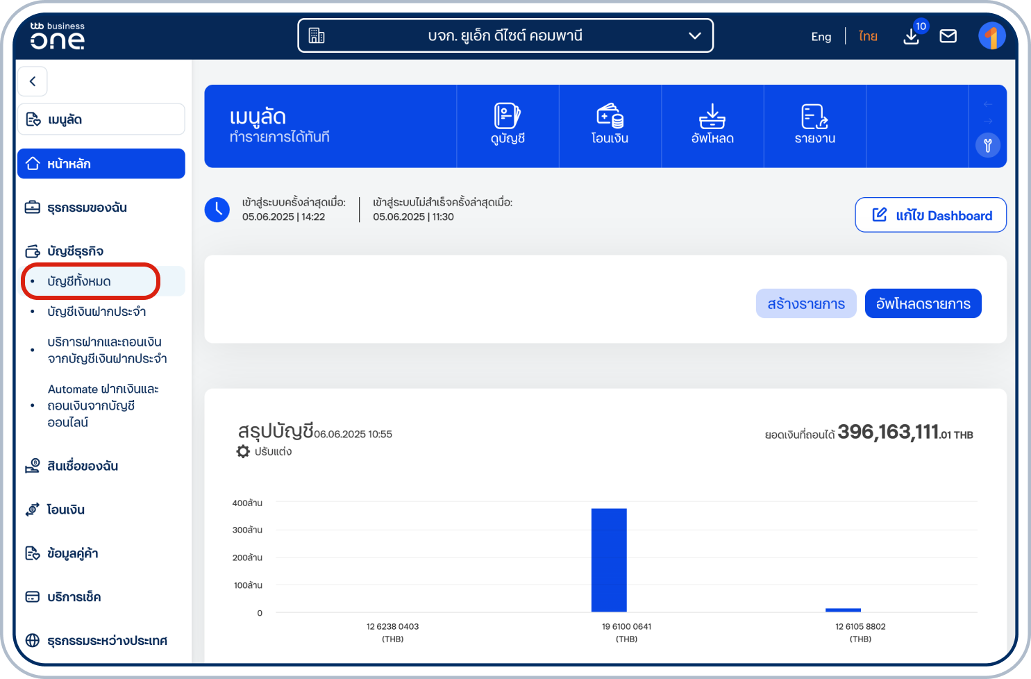 เลือกเมนู “บัญชีธุรกิจ” ที่แถบด้านซ้าย แล้วเลือก “บัญชีทั้งหมด”