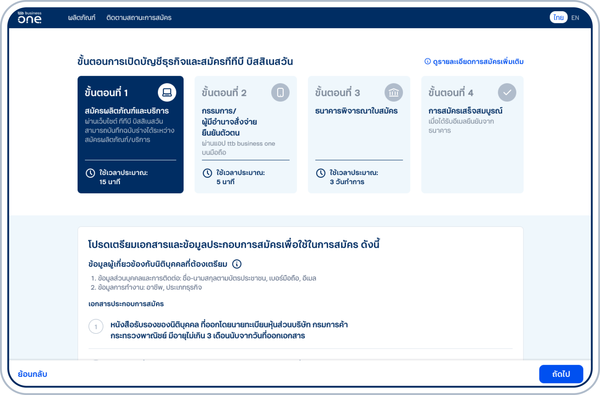 อ่านรายละเอียดขั้นตอนการสมัคร จัดเตรียมข้อมูลจำเป็นและเอกสารประกอบให้ครบถ้วน และเลือก “ถัดไป