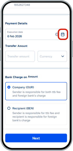 หากต้องการเปลี่ยนวันที่รายการมีผล ให้เลือกไอคอนปฏิทิน จากนั้น ระบุจำนวนที่ต้องการโอนในช่อง “Transfer amount” และเลือกสกุลเงินในช่อง “Currency”