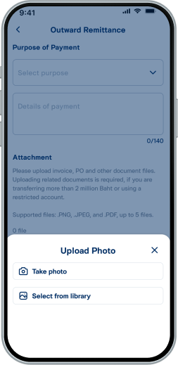 เลือกวิธีที่ต้องการอัปโหลดเอกสาร ได้แก่ 1. Take photo (ถ่ายภาพ) 2. Select from library (เลือกจากคลังรูปภาพ)