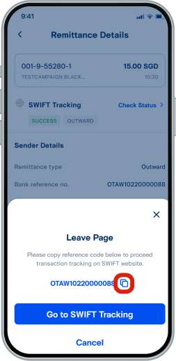 คัดลอก Reference code ได้จากไอคอนคัดลอก และเลือก Go to SWIFT Tracking