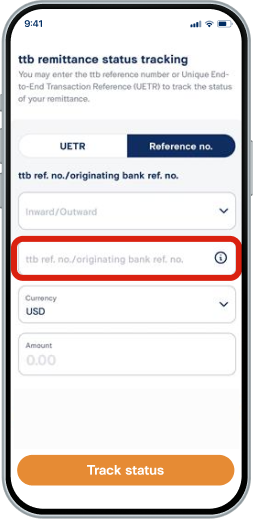 คัดลอก SWIFT Code ด้านบนได้จากไอคอนคัดลอก แล้ววาง SWIFT Code ที่ช่อง “ttb ref. no./originating bank ref. no.”