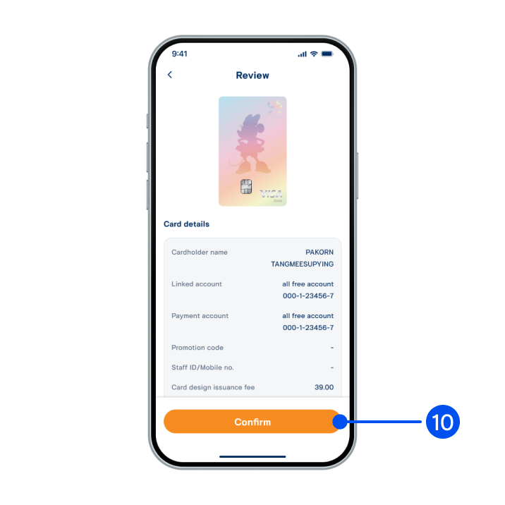 10. Review card details, then select “Confirm”.