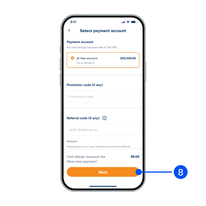 8. Select payment account for your card design fee, then select “Next”.