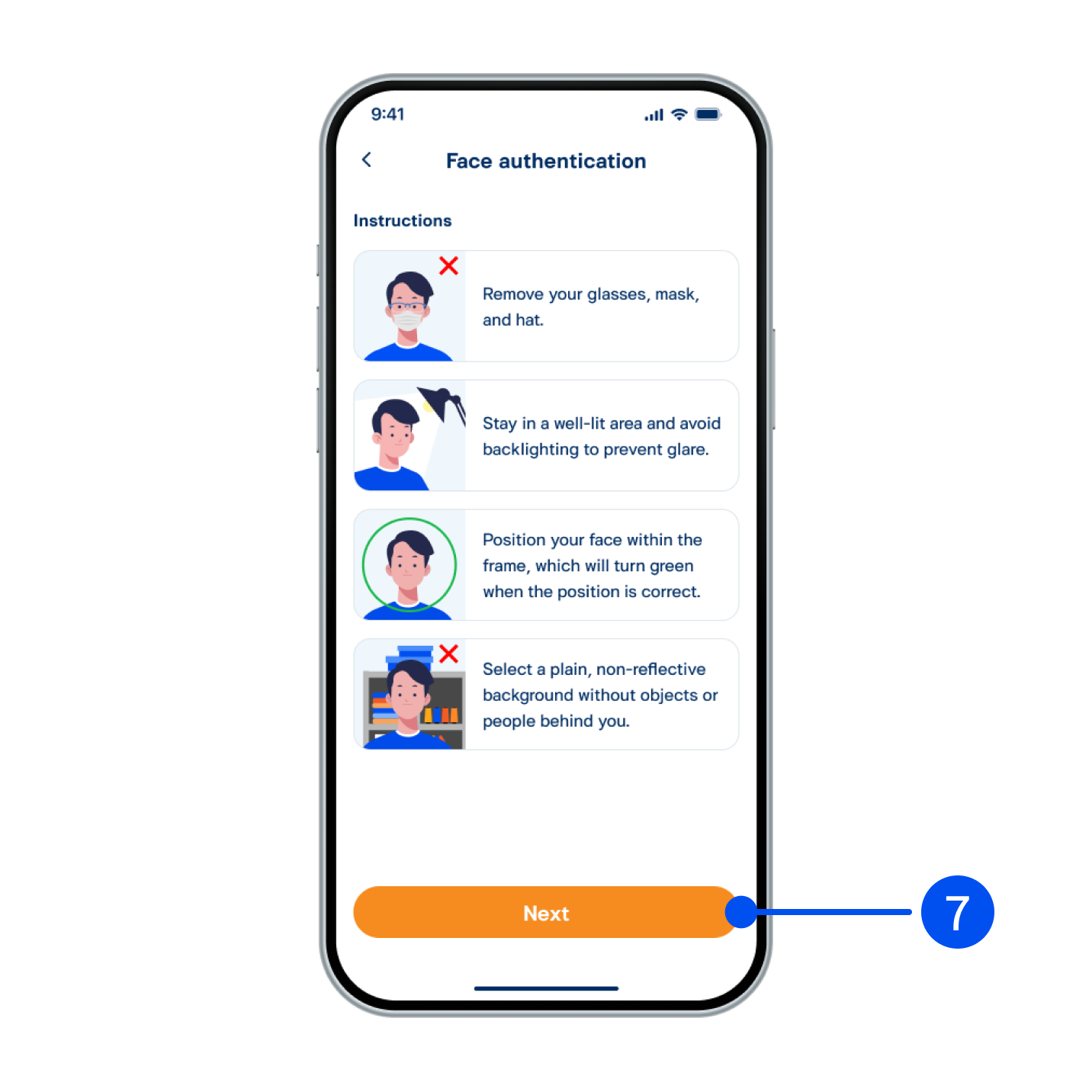 7. Read the face authentication instructions, then select Next”.