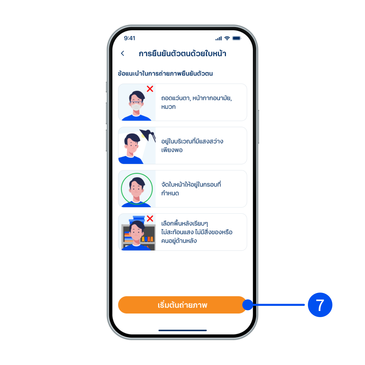 7. อ่านข้อแนะนำในการถ่ายภาพ เพื่อยืนยันตัวตนให้ครบถ้วน จากนั้นเลือก “เริ่มต้นถ่ายภาพ”