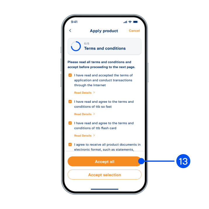 13. Read and accept terms and conditions, then select “Accept all” or “Accept selected.