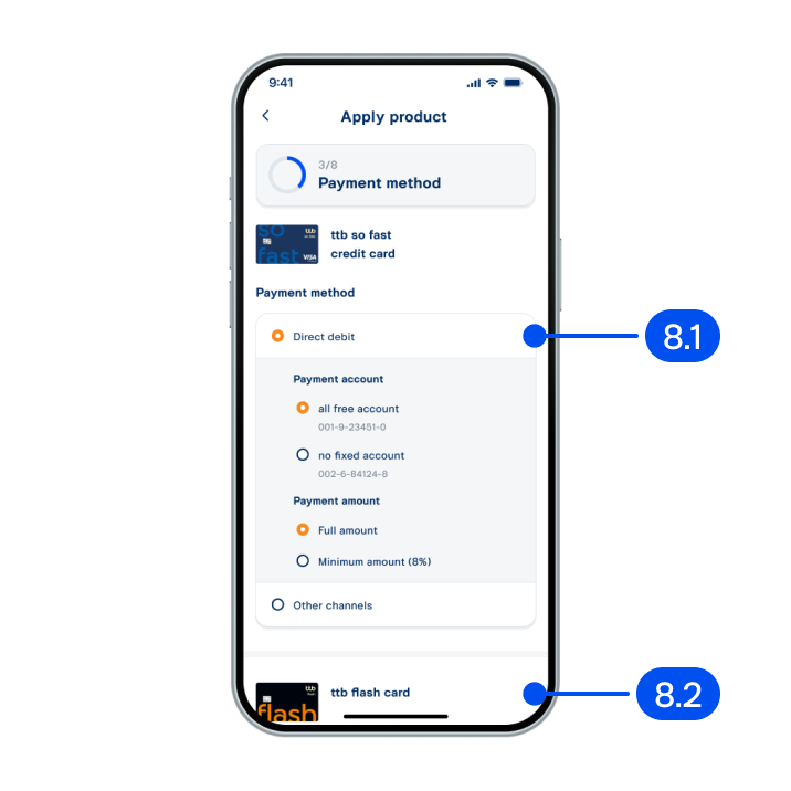 8. In payment method step,8.1) Select credit card&nbsp;payment method.8.2) Select cash card&nbsp;payment method. Then, select&nbsp;Next.