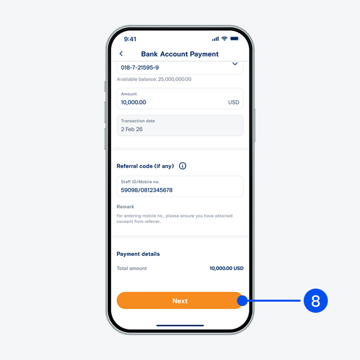 Select your payment account and enter investment amount, then select Next.