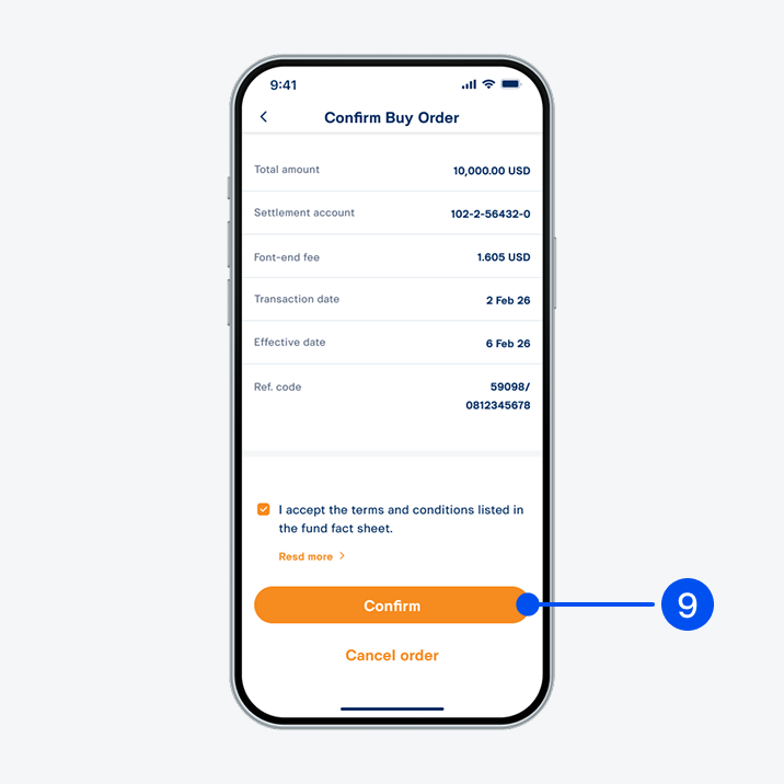 Review buy order details, then select Confirm.