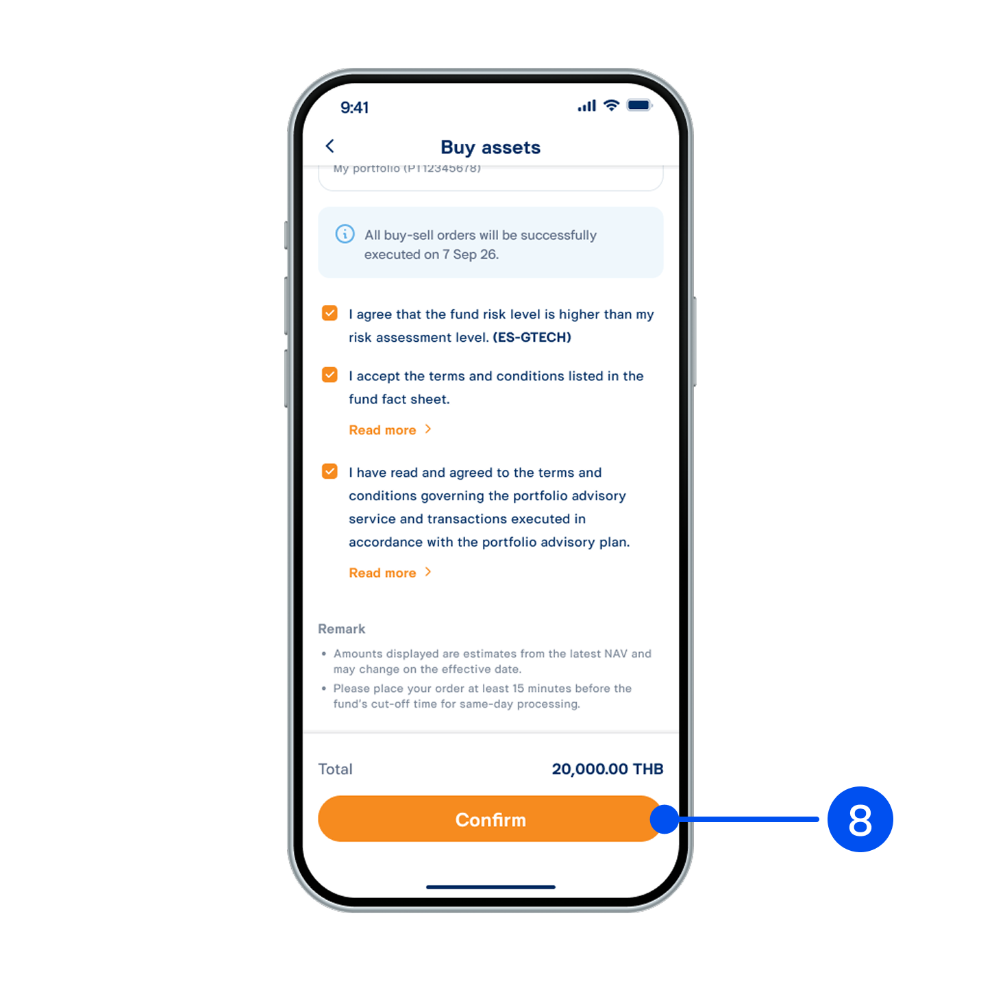 Review buy order details, read and accept investment terms and conditions, then select “Confirm”.