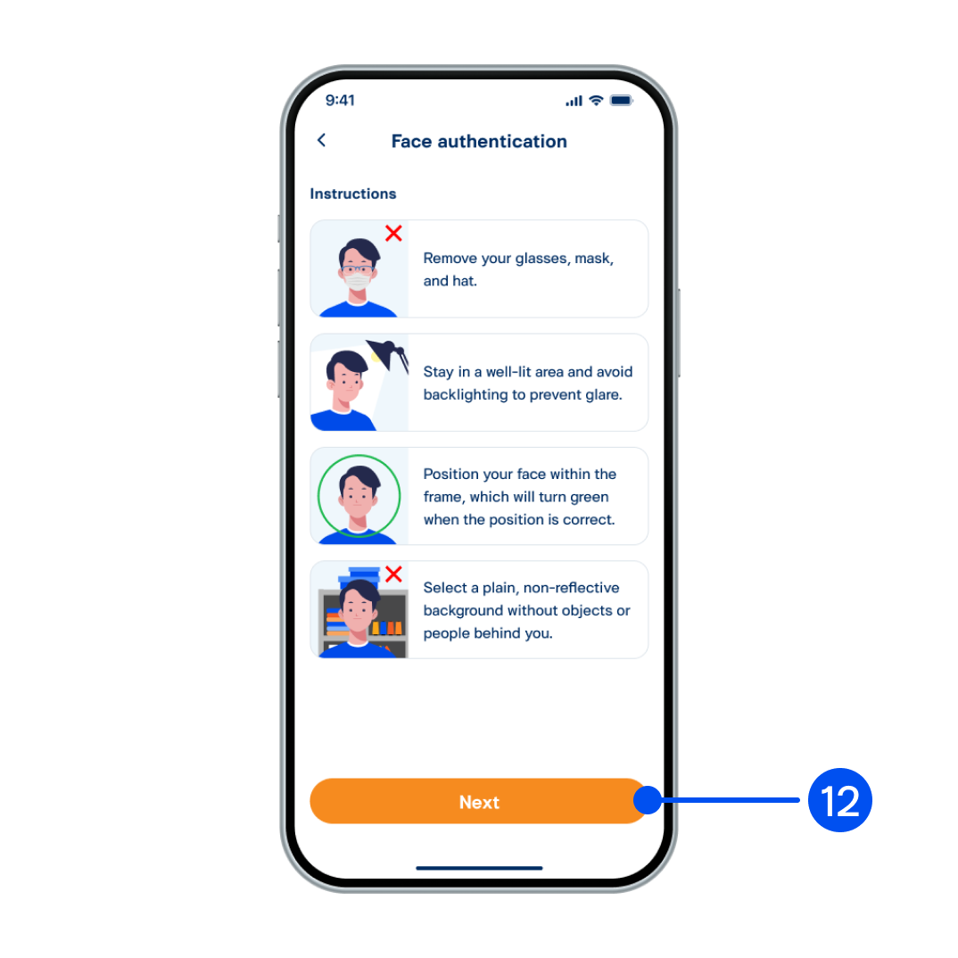 Read the face authentication instructions, then select “next” 