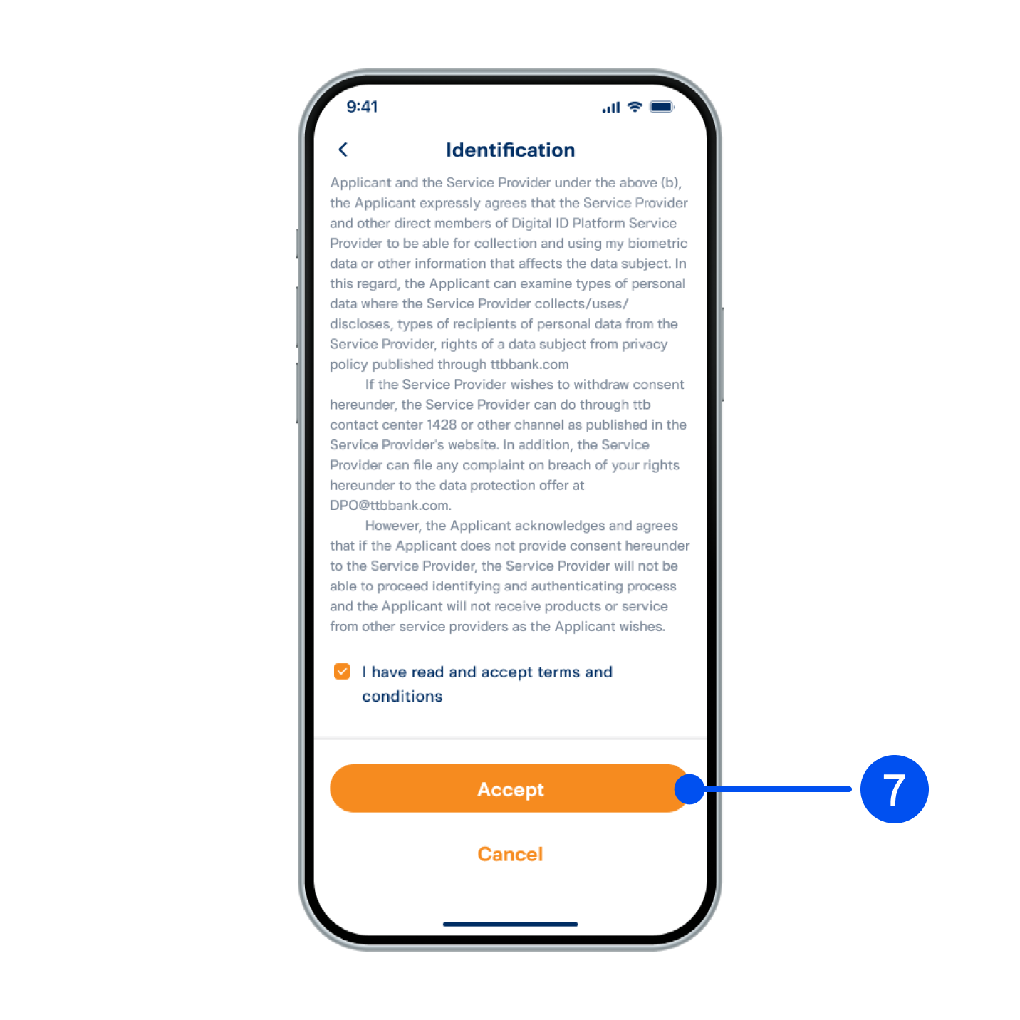Read consent form for the Bank to collect/use/disclose biometric data. Accept terms and conditions, then select 