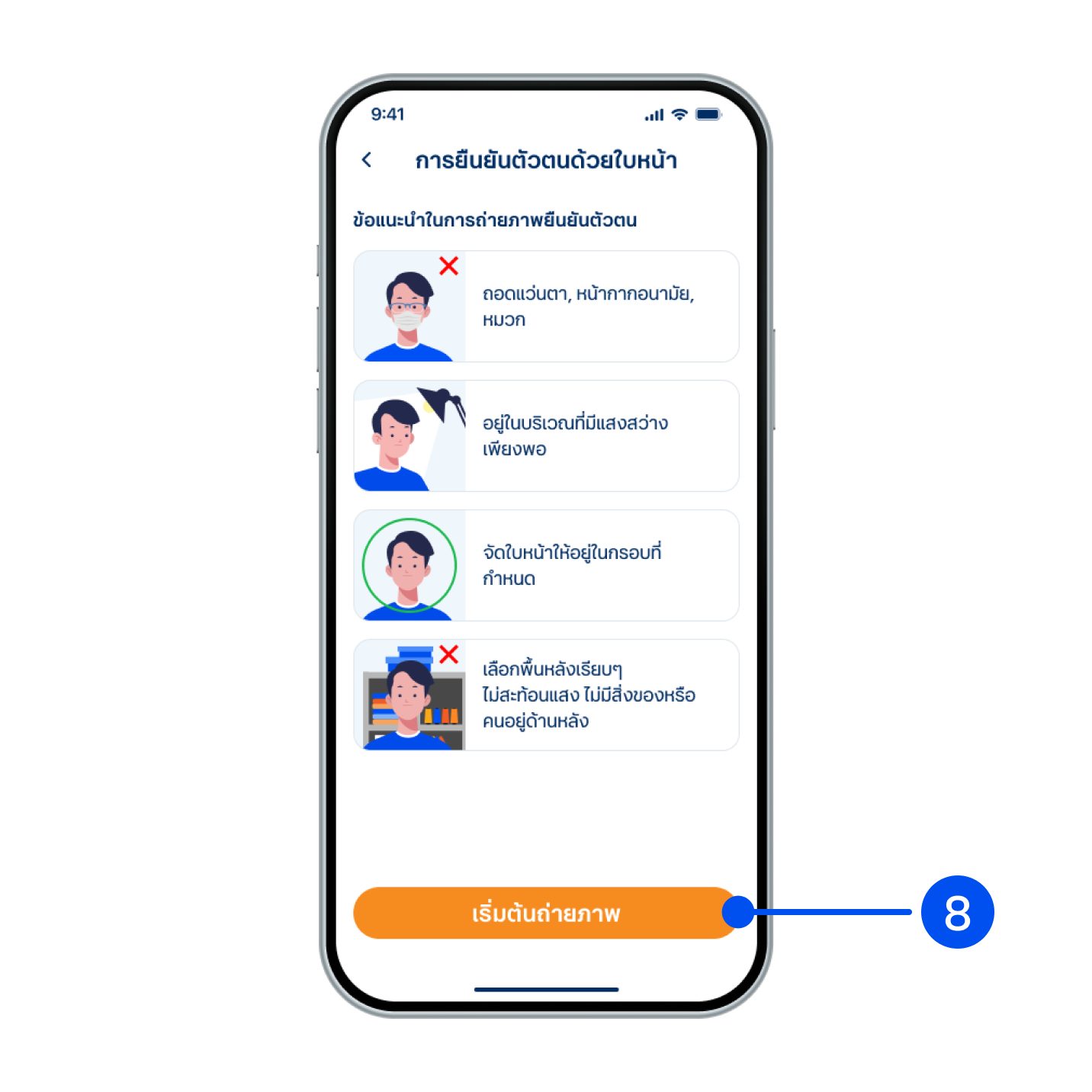อ่านข้อแนะนำในการถ่ายภาพ เพื่อยืนยันตัวตนให้ครบถ้วน จากนั้นเลือก “เริ่มต้นถ่ายภาพ”