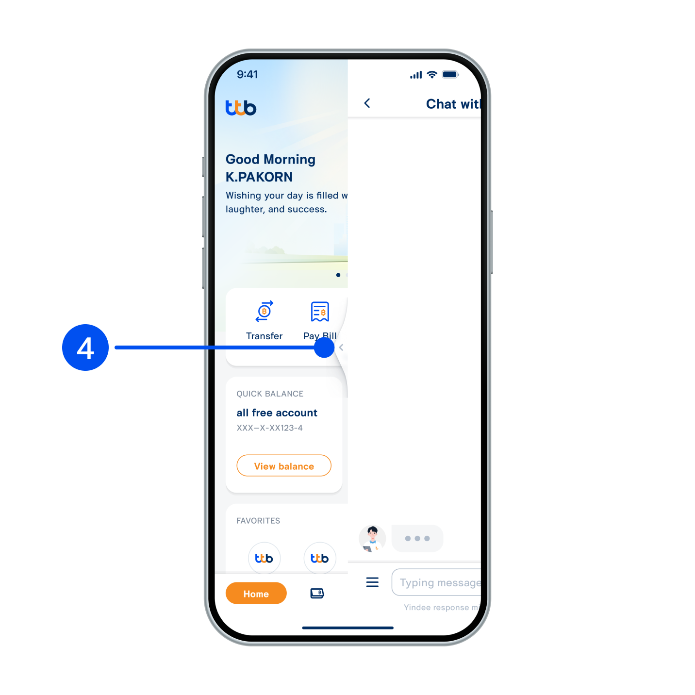 4. Alternatively, you may access “Chat with Yindee” from any screen by swiping the side panel to the left.