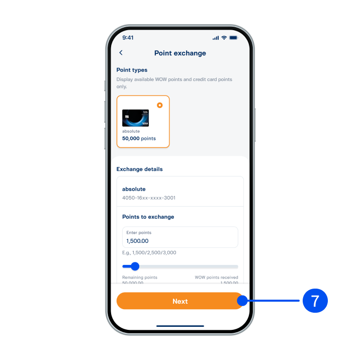 Select point type, enter points to exchange, then select “Next.