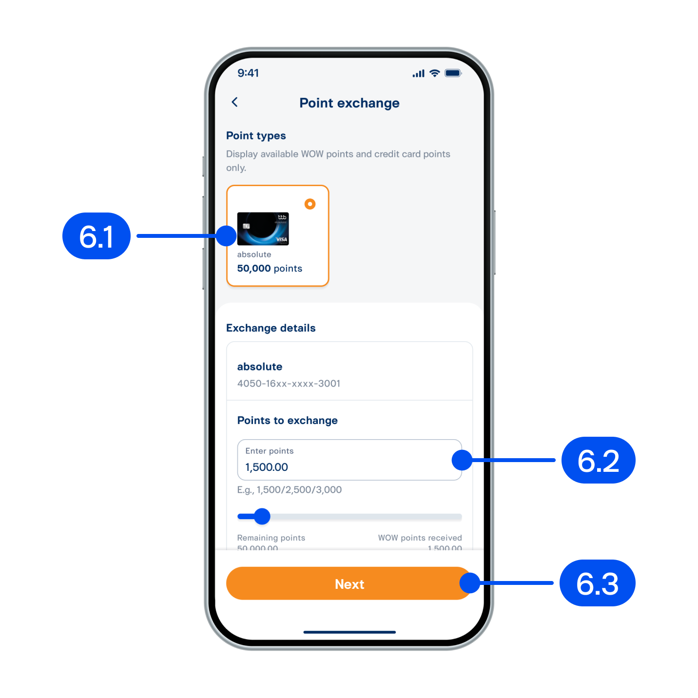 6. From “Point exchange” page,6.1) Select point type.6.2) Enter points to exchange.6.3) Select Next.