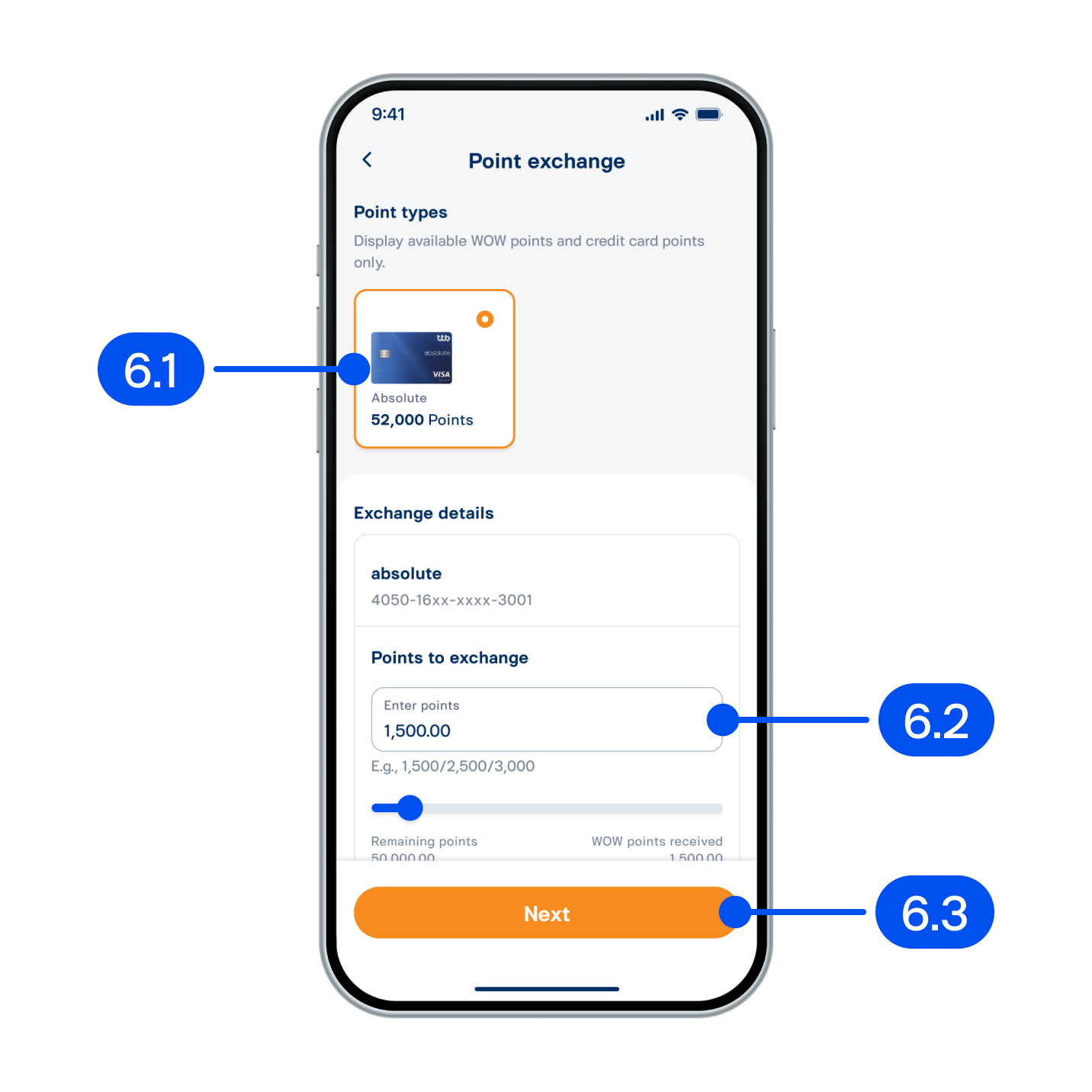 6. From “Point exchange” page,6.1) Select point type.6.2) Enter points to exchange.6.3) Select Next.