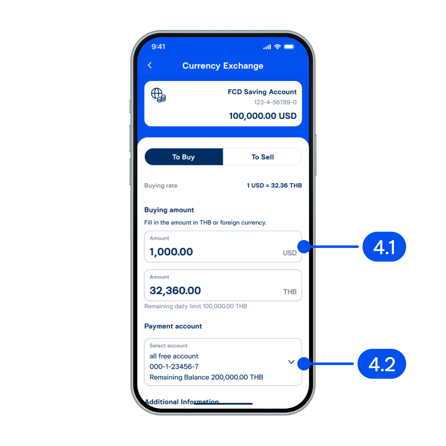 4. In currency exchange step,4.1) Enter amount to exchange.4.2) Select payment account, then select Next.