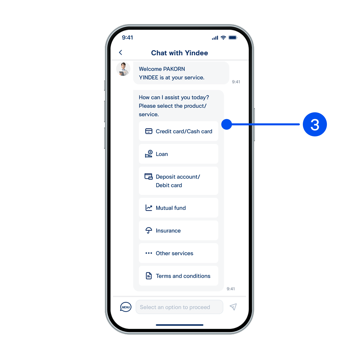 3. Select product/service topic you want Yindee to assist with.