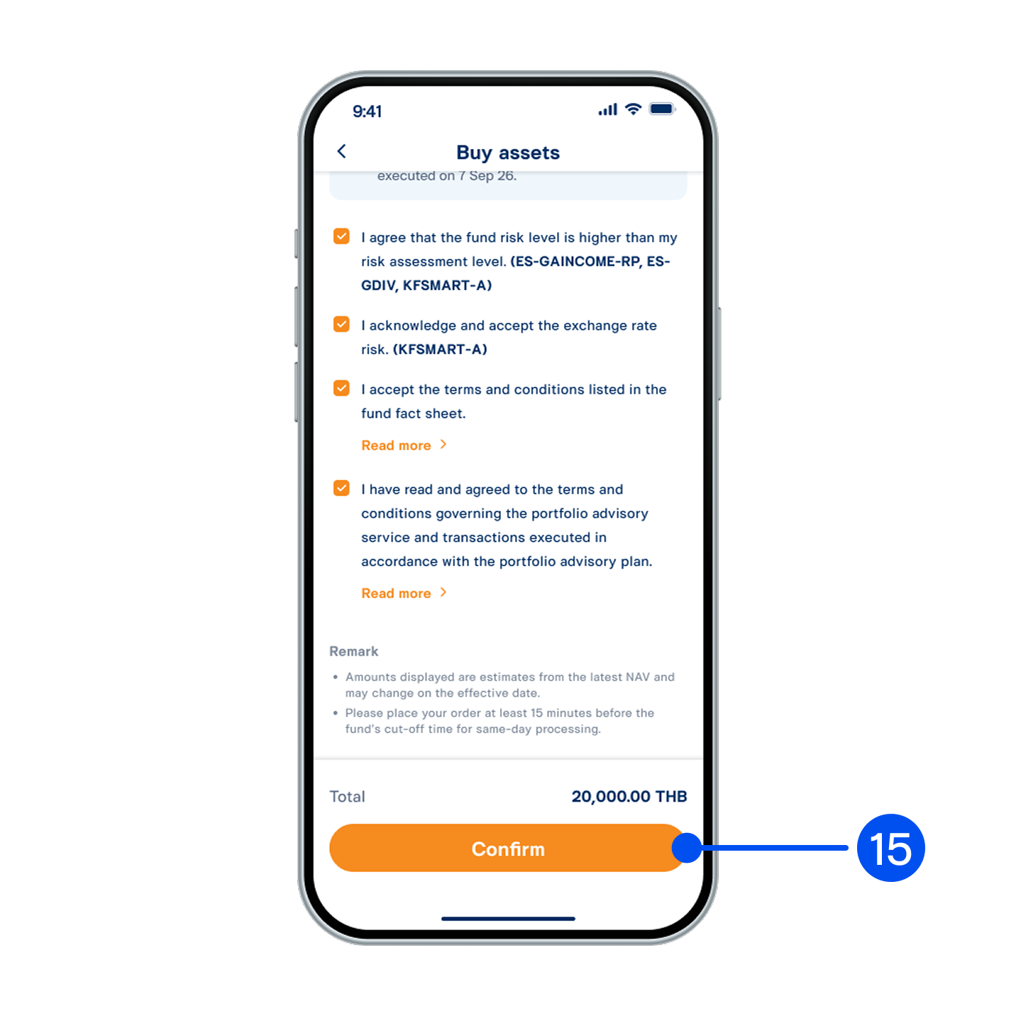 Review order details, read and accept investment terms and conditions, then select “Confirm”.
