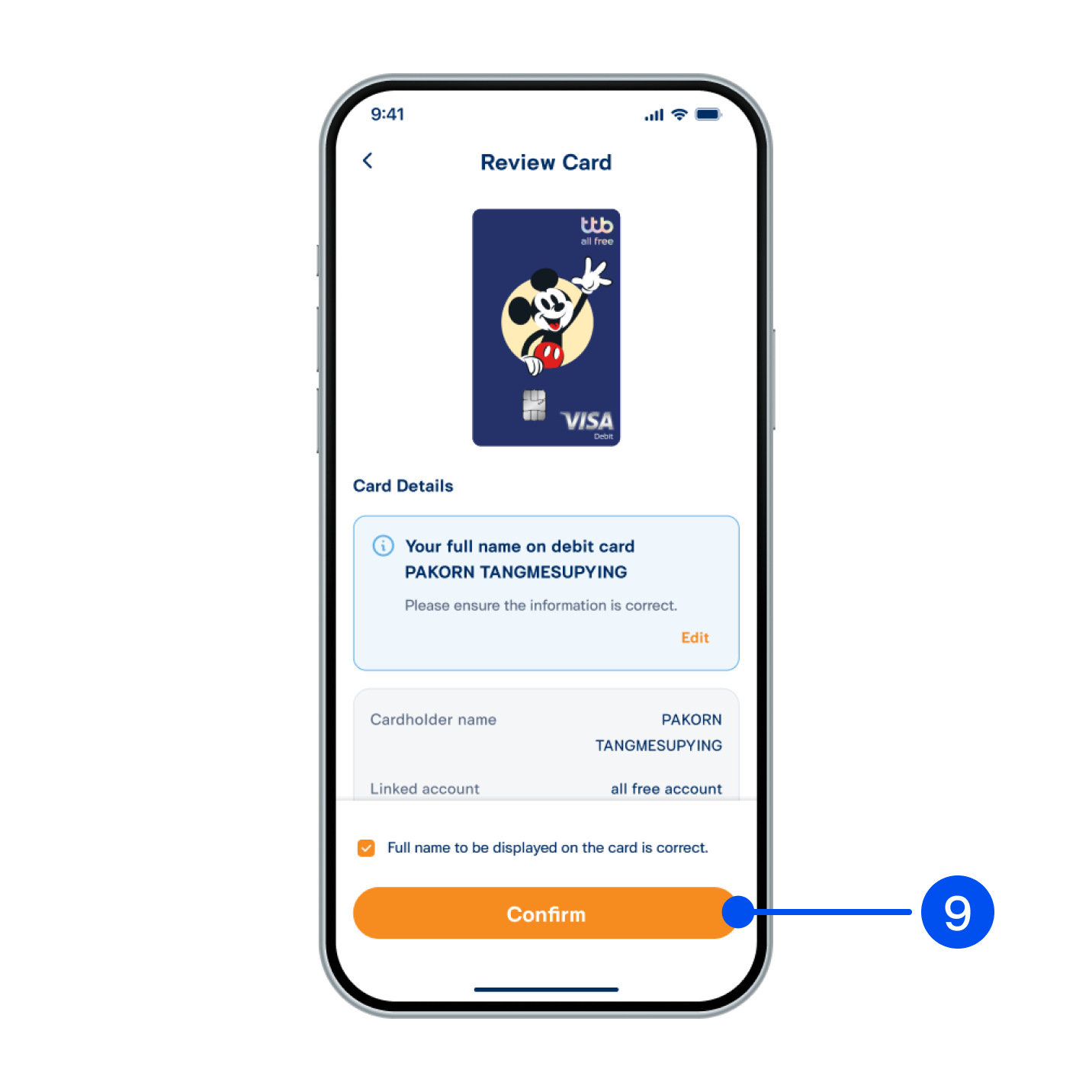 9. Review debit card information, then select “Confirm”.