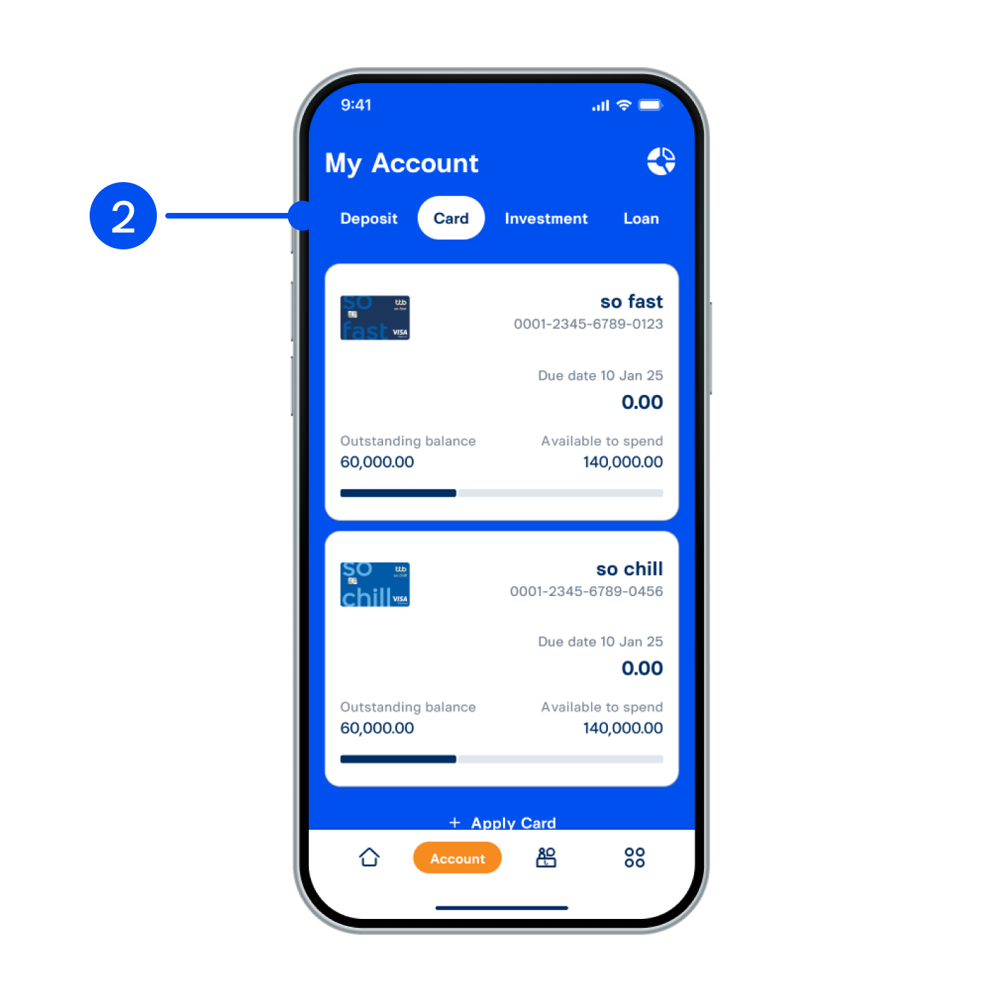 2. Select Card tab at the top, then select the card you wish to manage spending.
