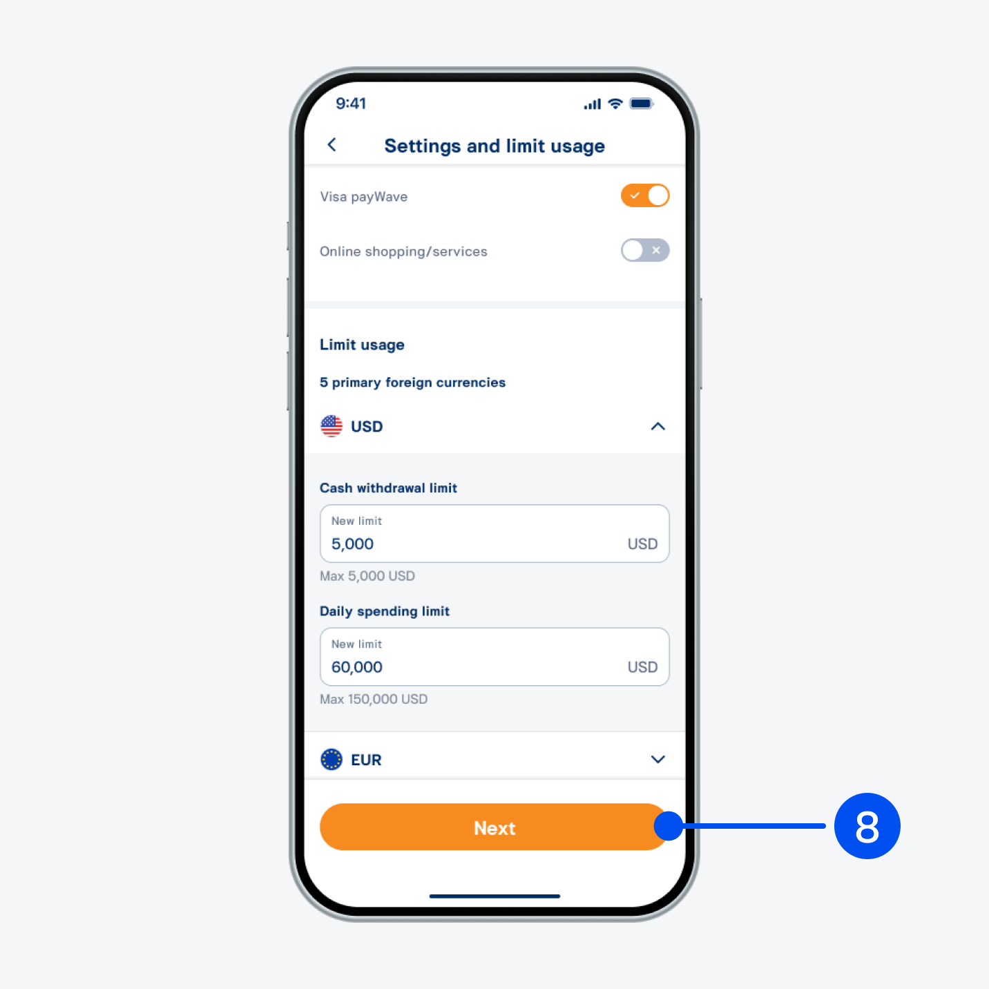 Enter your preferred spending limit and select “Next”.