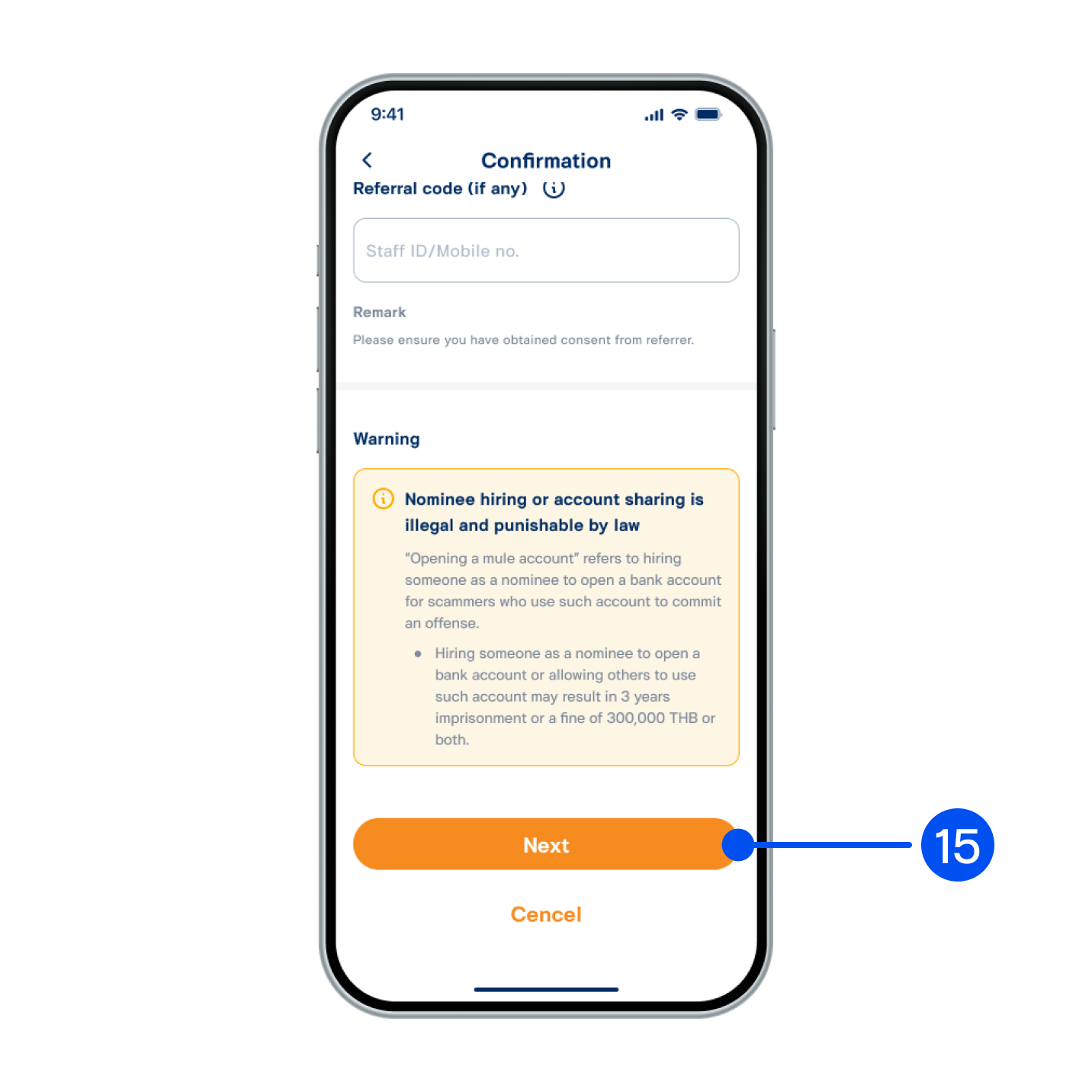 15. Review your account and deposit details, then tap “Next”.