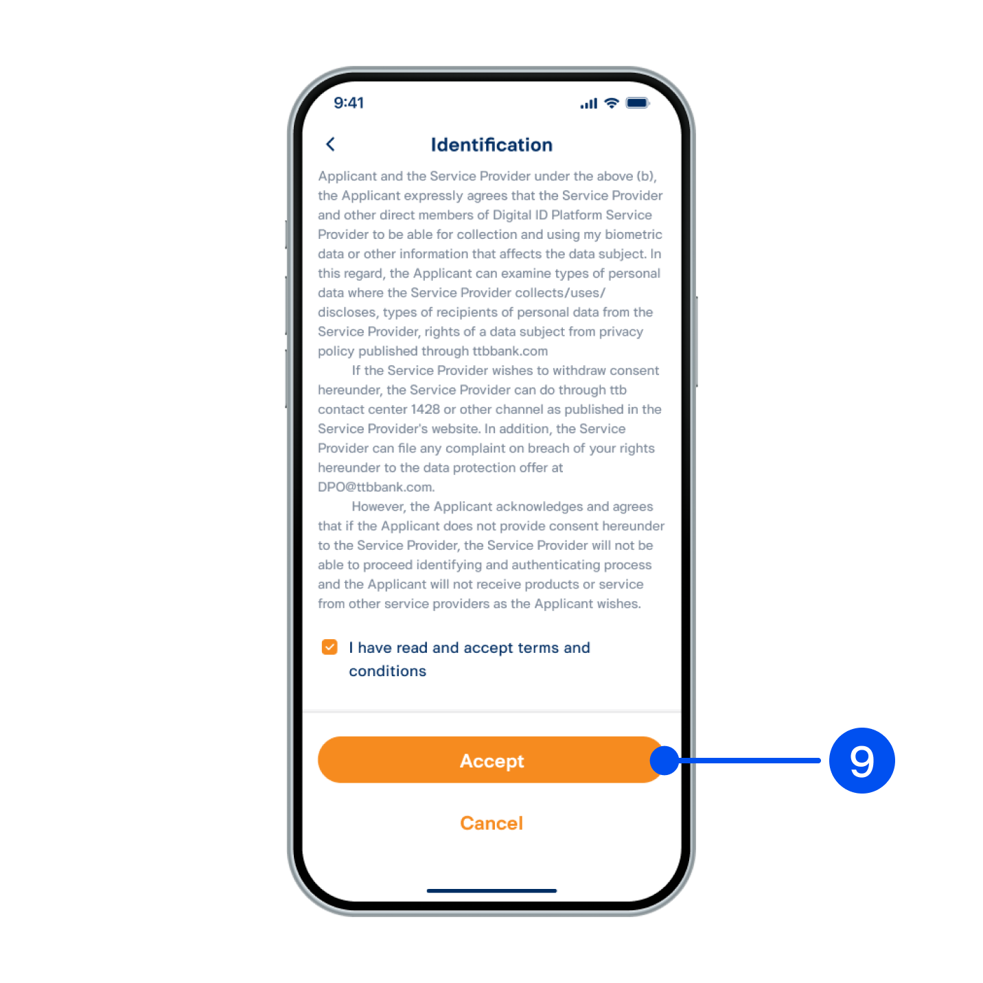 9. Read consent form for the Bank to collect/use/disclose biometric data. Accept terms and conditions, then select Accept”.
