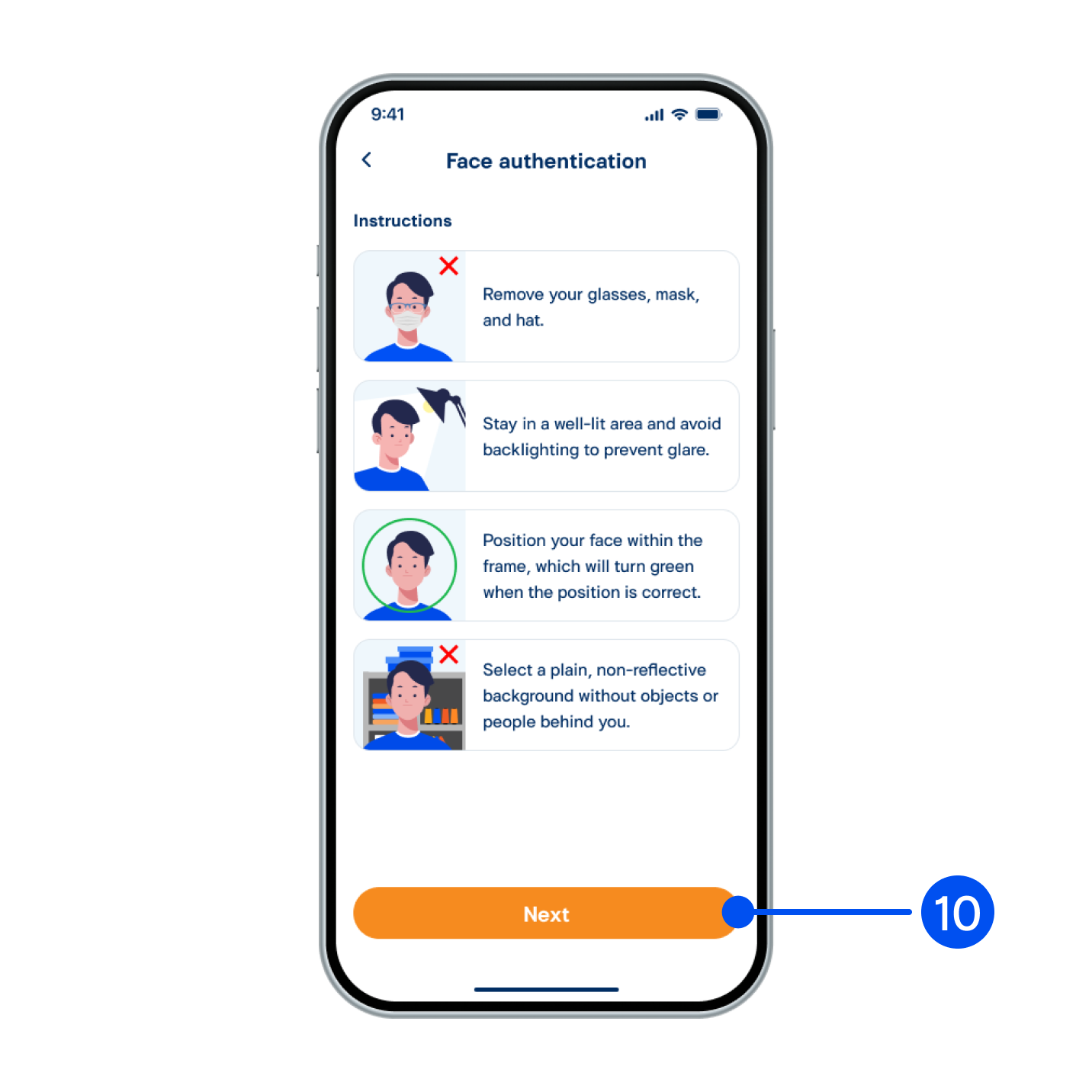 10. Read the face authentication instructions, then select Next”.