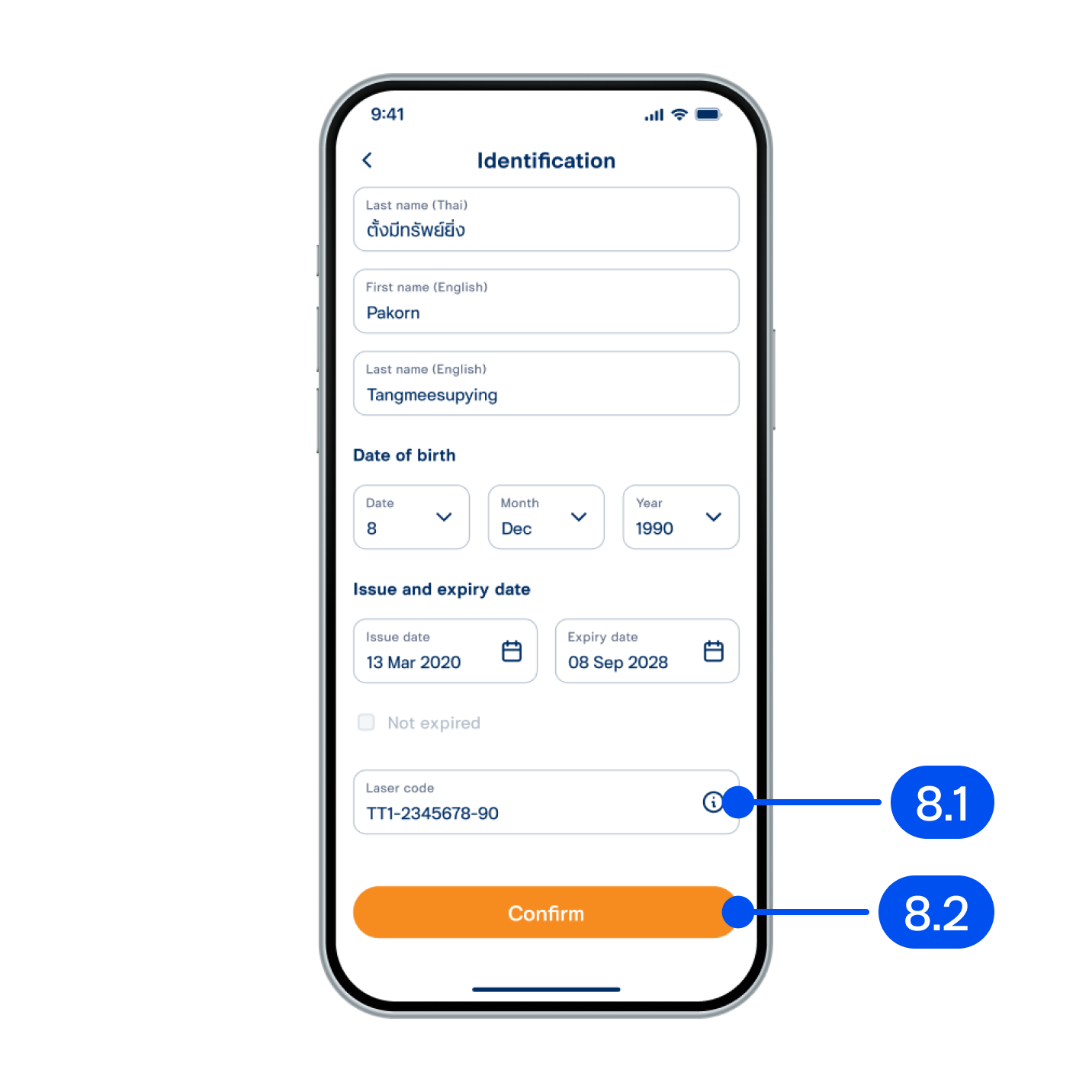 8. From Identification page,8.1) Enter your ID card laser code and recheck your personal information.8.2) Select Next.