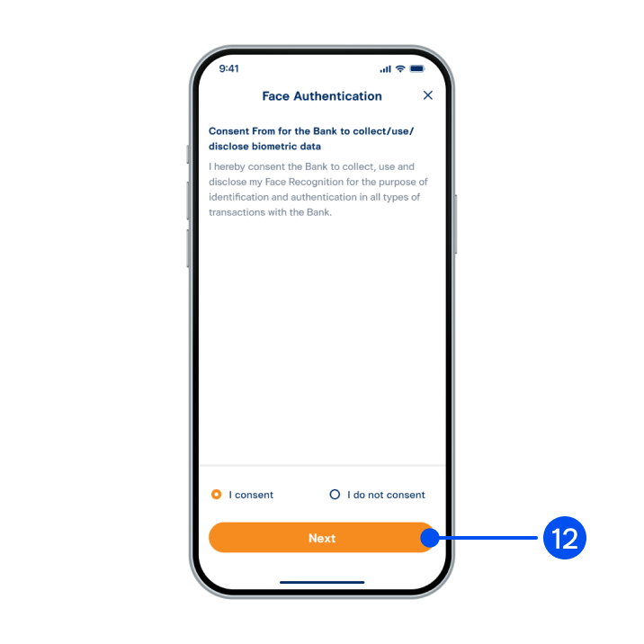 12. Read consent form for the bank to collect/use/disclose biometric data. Select “Accept” then select Next”.