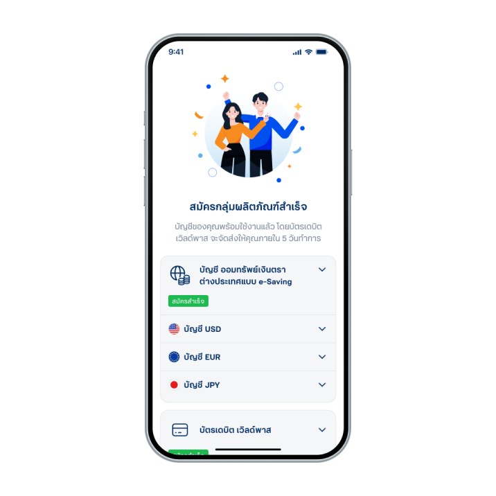 16. เปิดบัญชีออมทรัพย์เงินตราต่างประเทศแบบ e-Saving และสมัครบัตรเดบิต เวิลด์พาส สำเร็จ