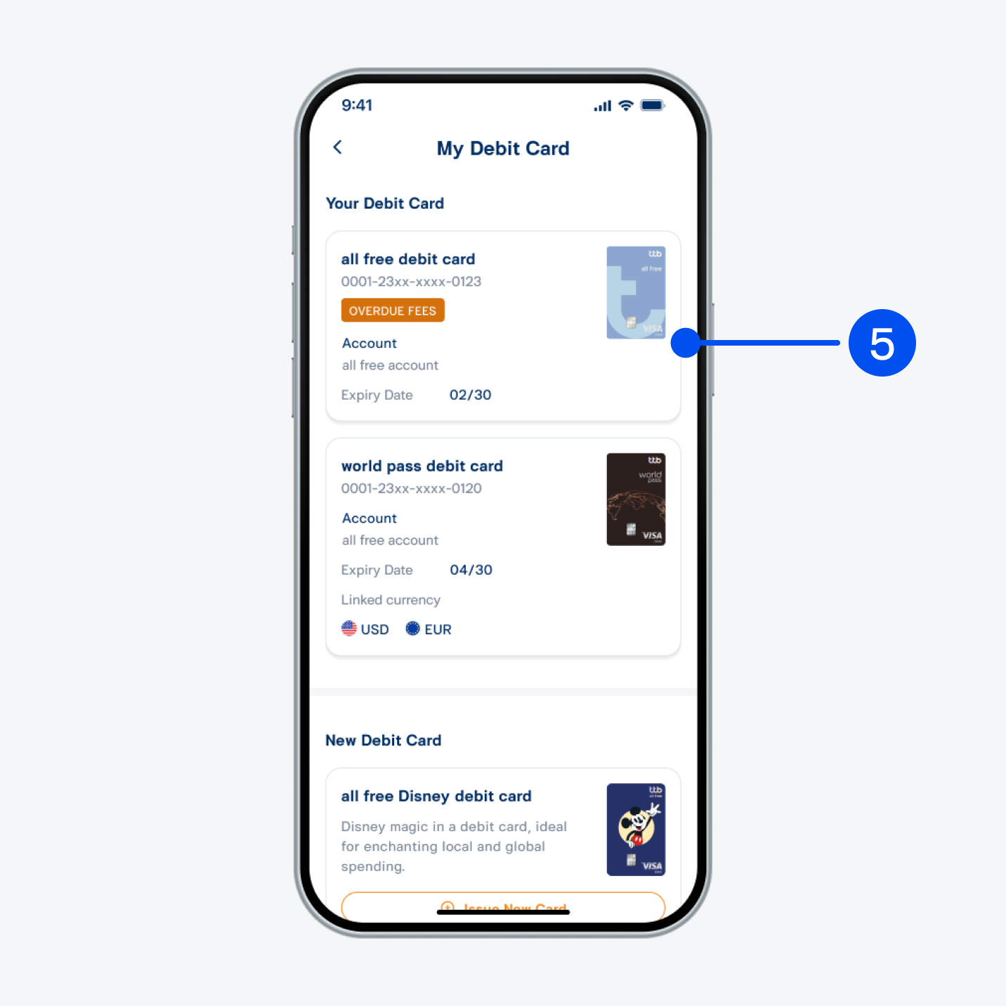 Select debit card with “OVERDUE FEES” status.