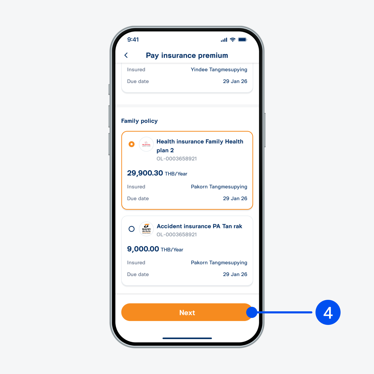 Select the plan to pay for—you may make a payment for your own and others' policies. Then, select “Next”.