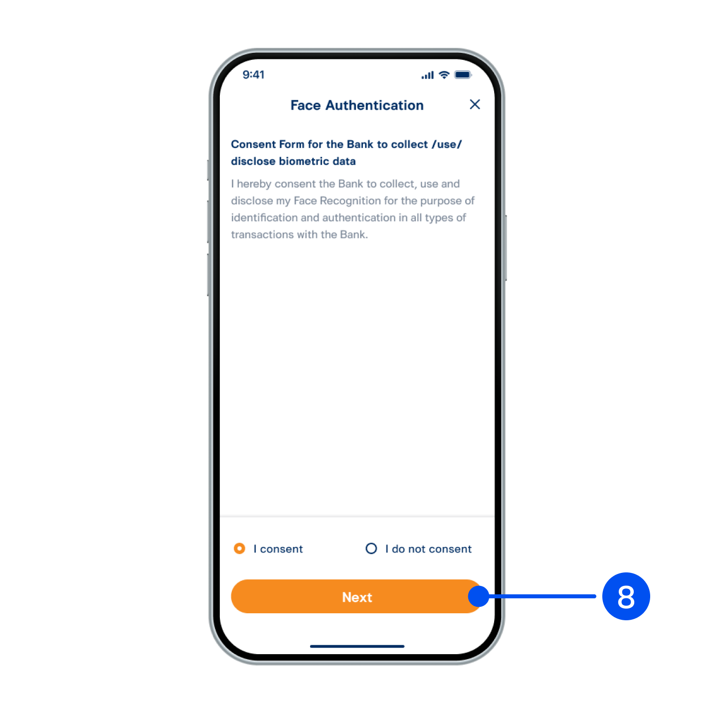 8. Read consent form for the Bank to collect/use/disclose biometric data. Check the box, then select Next”.