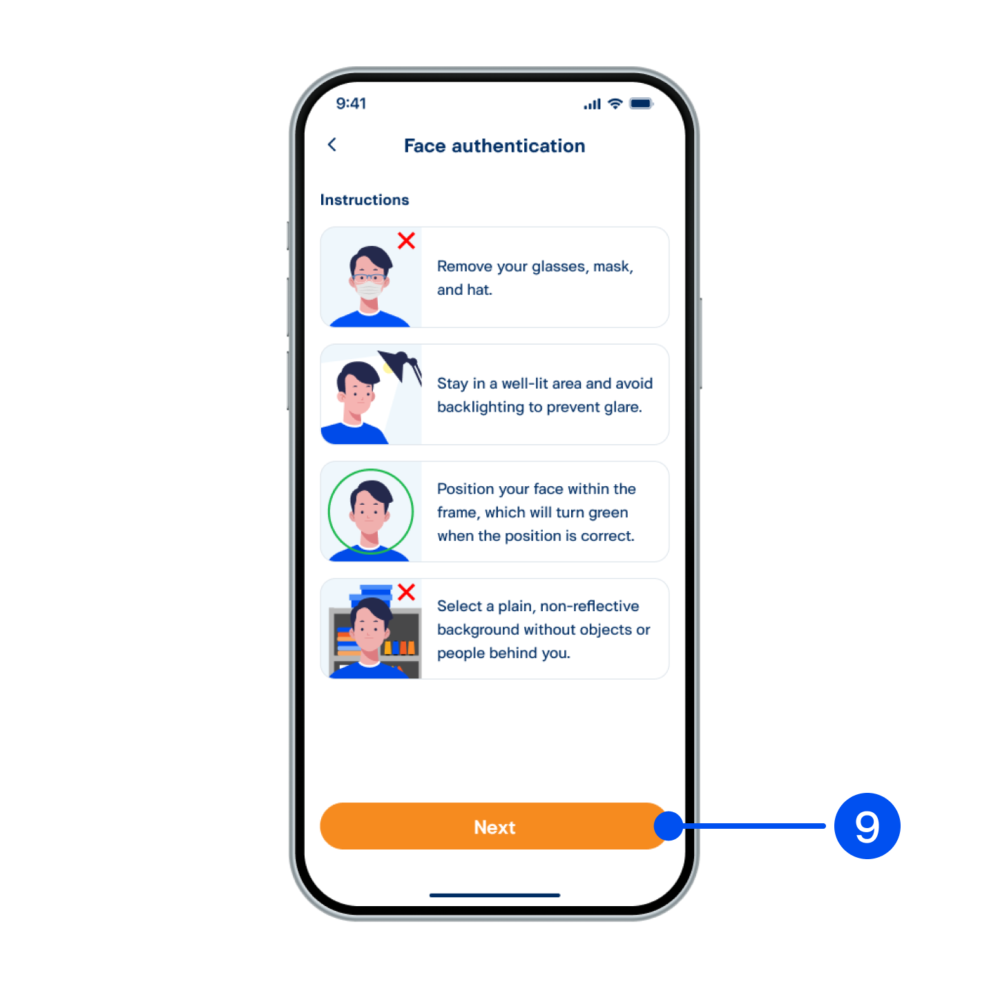 9. Read the face authentication instructions, then select Next”.