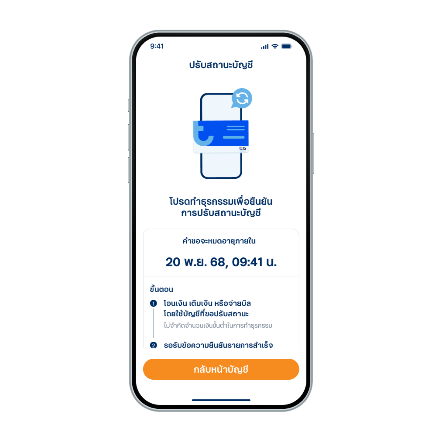 11. ส่งคำขอปรับสถานะบัญชีสำเร็จ โปรดดำเนินการตามขั้นตอน เพื่อปรับสถานะบัญชีให้เสร็จสมบูรณ์
