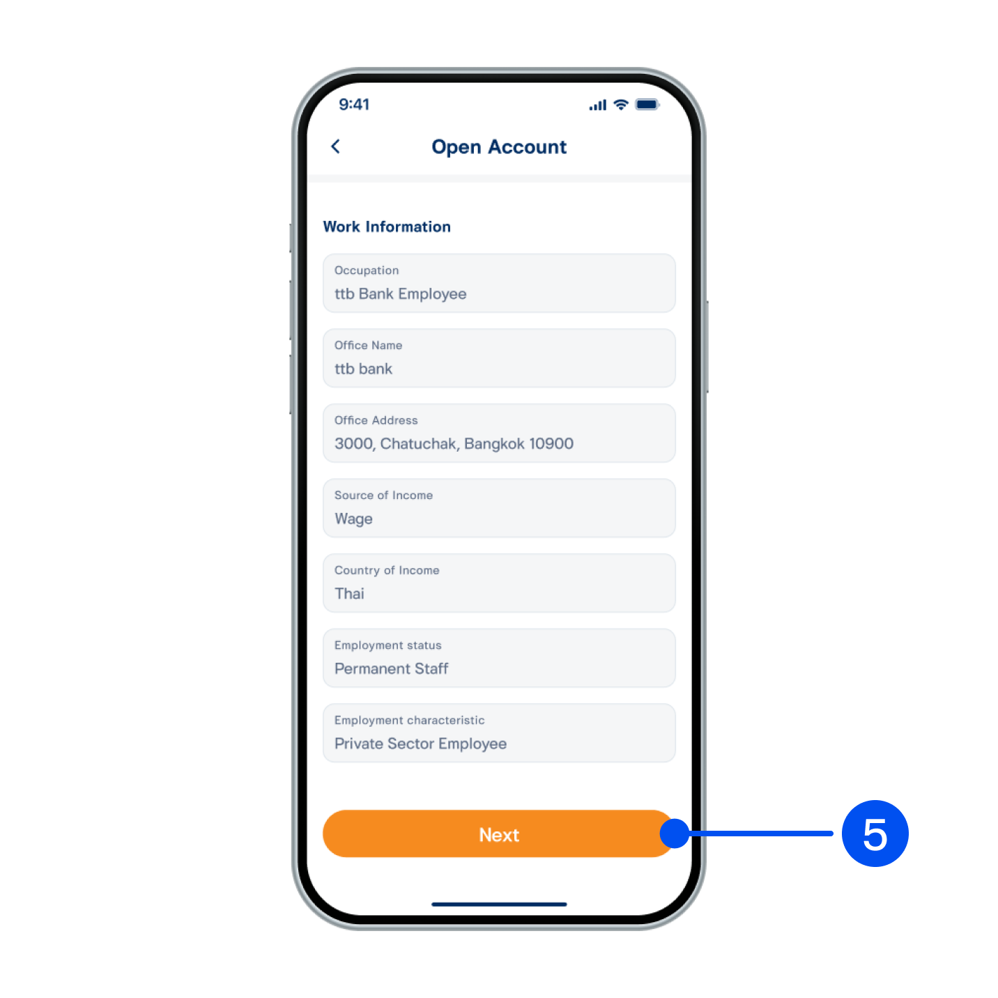 5. Recheck your personal and work information, then select Next”.