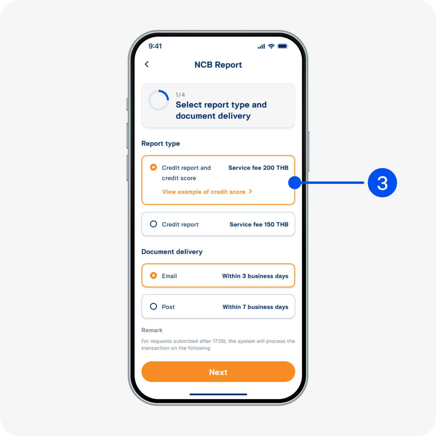 Select report type and delivery channel, then select “Next”.