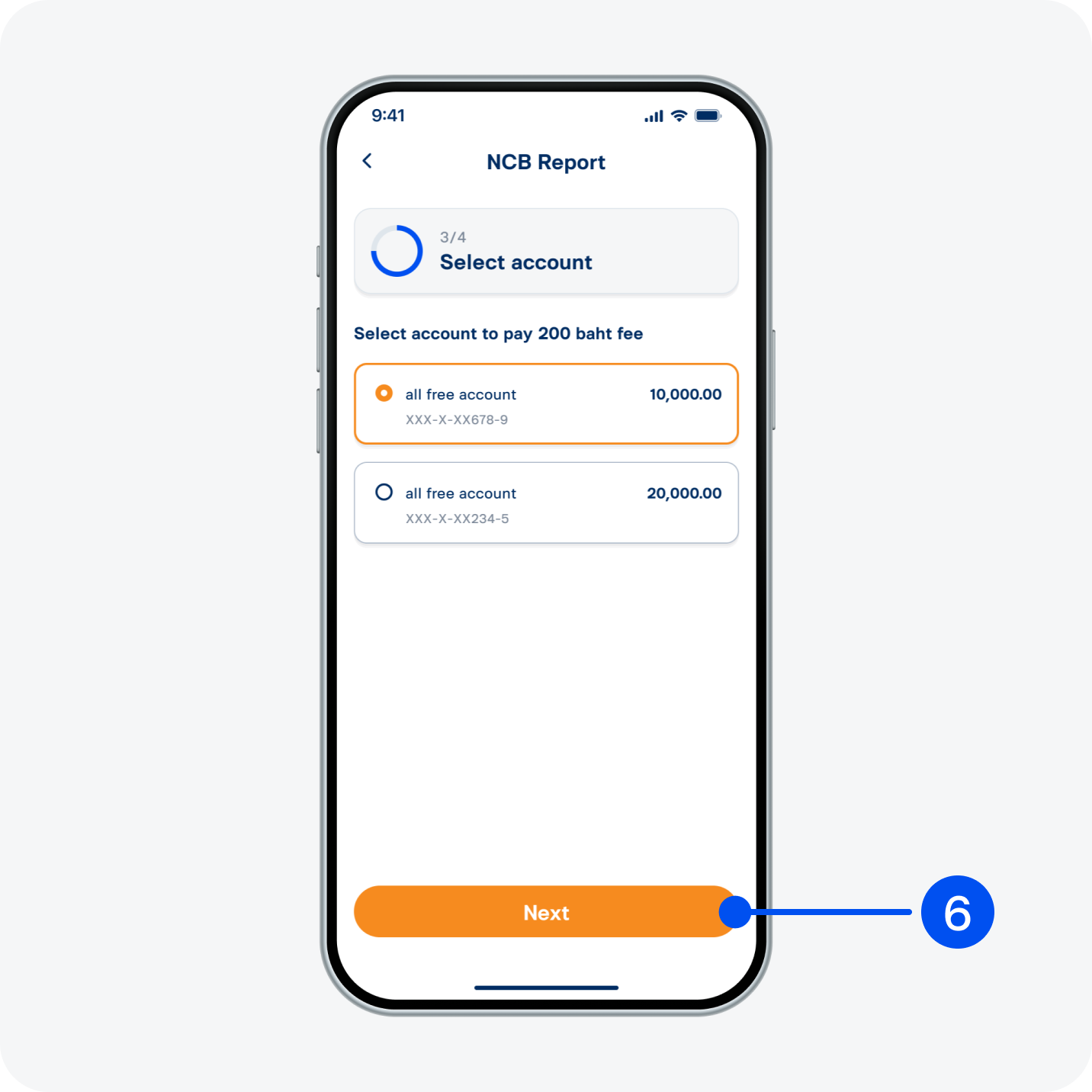 Select deposit account to pay the service fee, then select “Next”.