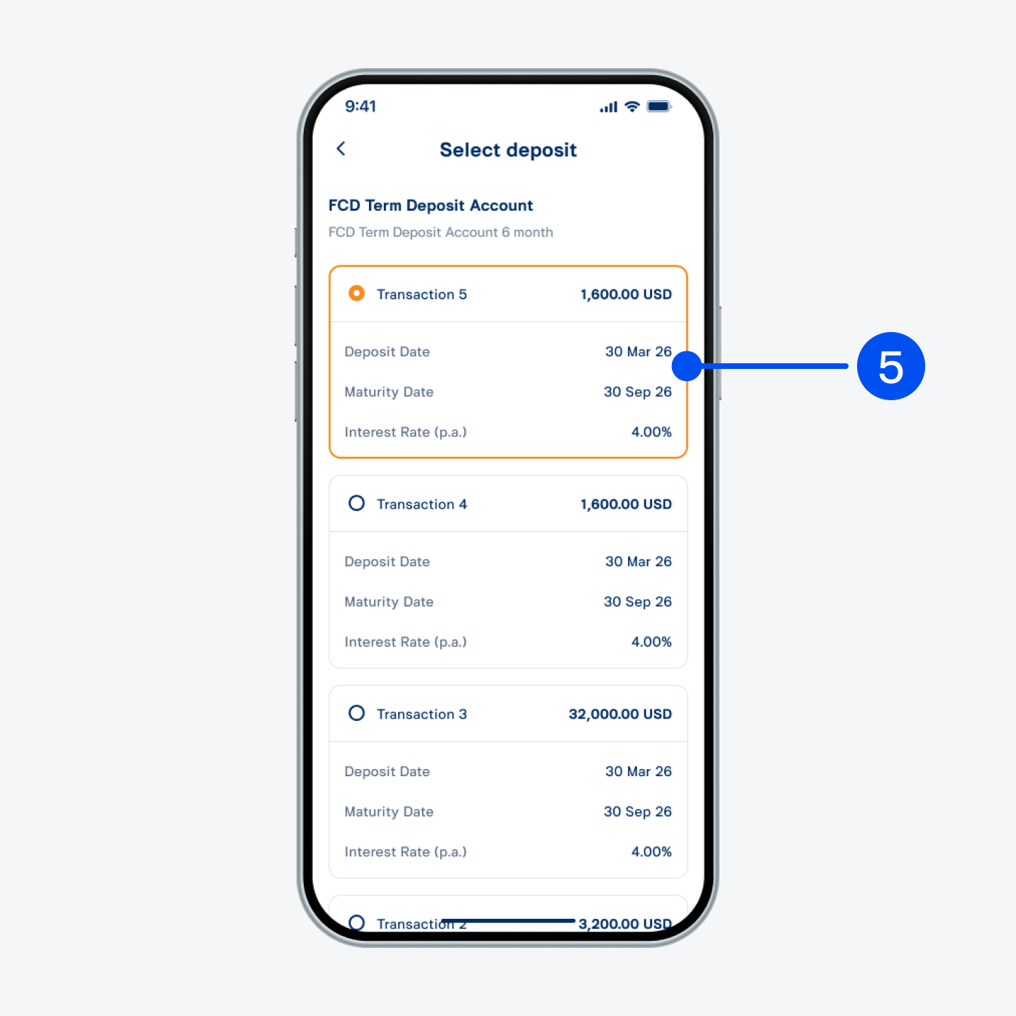 Select a deposit transaction to transfer, then select “Next”.