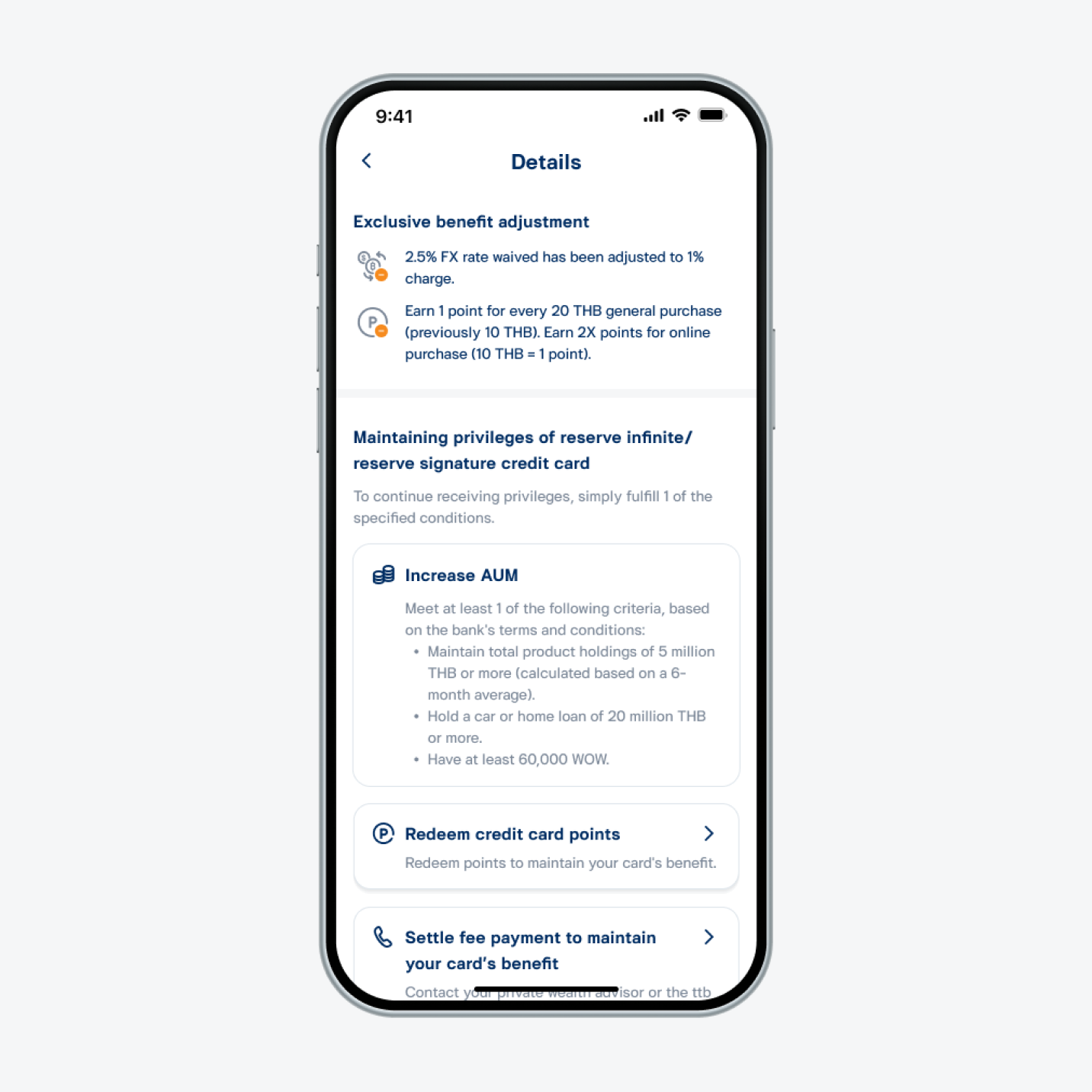 Read benefit adjustment details and select 1 of these options to maintain your benefits:Increase AUM.Redeem credit card points.Settle fee payment.